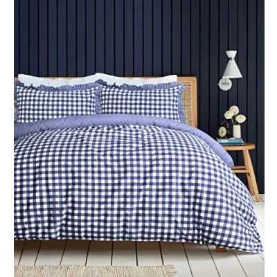 Afbeelding van Sleepdown Gingham patroon dekbedovertrek set met kussenslopen, effen blauw, super kingsize (260 x 220 cm)