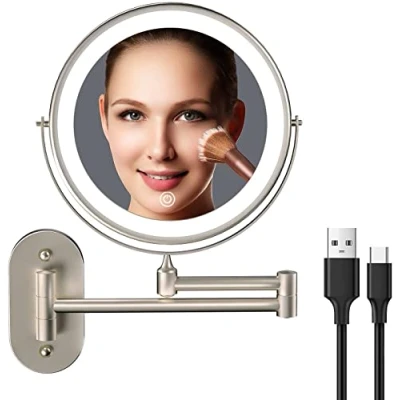 Afbeelding van USB Oplaadbare Make upspiegel met Licht, 8 inch Wandspiegel, 360 Dubbelzijdige Rotatie up Spiegel 1X/10X Vergroting, Badkamer upspiegel, 3 Kleuren Touchscreen Dimbare Verlengde Arm