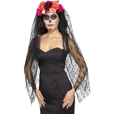 Afbeelding van Luxe horror haarband/diadeem day of the dead met bloemen en sluier