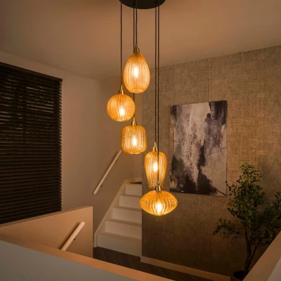 Afbeelding van Holly hanglamp 5L getrapt amberkleurig glas