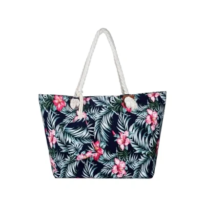 Afbeelding van Blauw bloemen grote strandtas Schoudertas met ritssluiting Shopper Bladeren Fuchsia