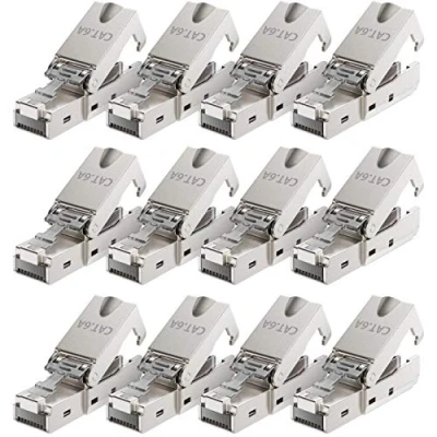Afbeelding van deleyCON 12 x CAT 6a RJ45 netwerkstekker zonder gereedschap met LSA aansluiting voor harde installatiekabel, afgeschermde LAN kabel, 10 Gbit/s, CAT6a, metalen behuizing