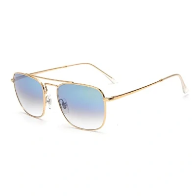 Afbeelding van JIM HALO Retro Vierkante Piloot Zonnebril Premium Glas Platte lens Metalen Mannen Vrouwen, Gouden montuur / lichtblauwe met kleurverloop