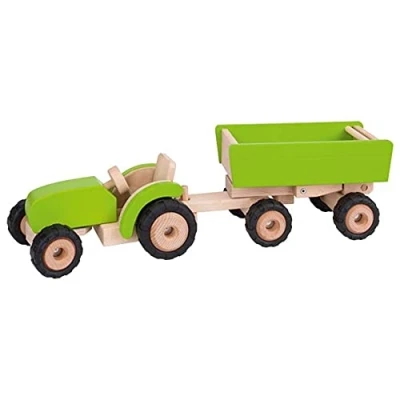 Afbeelding van Goki Houten Tractor Groen met Aanhanger