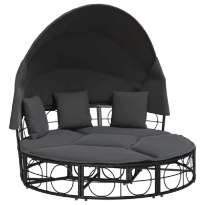 Afbeelding van vidaXL Loungebed met luifel en kussens poly rattan zwart