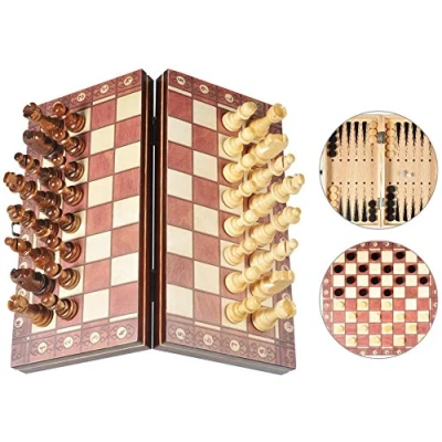 Afbeelding van Magnetisch schaakspel voor op reis, 3 in 1 schaakset inklapbaar houten schaakbord met magnetische onderdelen 9,5 inch x