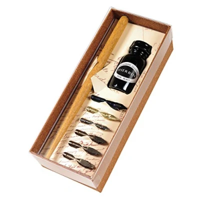 Afbeelding van Brause 195B een kalligrafieset met 6 veren (Steno, Cito Fein, Pfannen en Bandzug 1 mm, 2 3 mm), houten penhouder fles zwarte inkt 15 ml, blauw