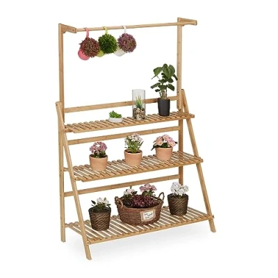 Afbeelding van Relaxdays Bloemenrek met 3 niveaus en ophangstang van bamboe, 145,5 x 100 38 cm