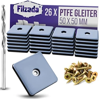 Afbeelding van Filzada® 26 x Teflon meubelglijders met schroeven 50 mm (vierkant) PTFE meubelglijders/PTFE zweefvliegtuig (Teflon)