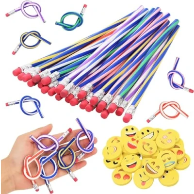 Afbeelding van VEUWOLM 48 stuks emoji zachte potloden en gum, 24 flexibele potloden, gummen, kindercadeaupotloden magische gummen voor Favor feestjes