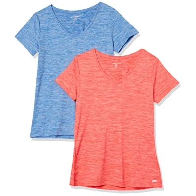 Image de Amazon Essentials T shirt Tech à manches courtes et col en V, extensible (disponible grande taille) Dames, 2 Pack, Bleu Clair Teinture Spatiale/Orange Corail Spatiale, L