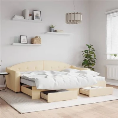 Afbeelding van vidaXL Slaapbank met onderschuifbed en lades 80x200 cm stof crèmekleur