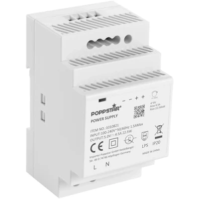 Afbeelding van Poppstar 5 V transformator DIN rail output DC 4,5 A 22,5 W (ingang 100 240 AC 50/60 Hz) adapter
