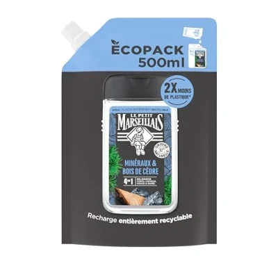 Image de Le Petit Marseillais Recharge Gel Douche Homme Minéraux &amp; Bois de Cèdre (écopack 500 ml) Formule 4 en 1 corps, cheveux, visage barbe 92% d&#039;ingrédients d&#039;origine naturelle et pH neutre