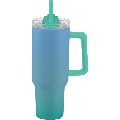 Afbeelding van I Drink Thermofles drinkbeker 1 200 ml roestvrijstaal met rietje en reinigingsborstel blauw groen nieuw