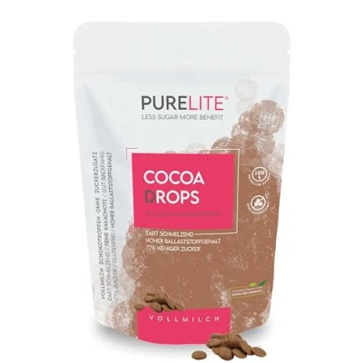 Afbeelding van PURELITE Cocoa Drops melkchocolade 450 g, druppels volle zonder toegevoegde suiker, erythritol en stevia nasmaak, minder caloriebewust 77% suiker