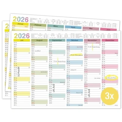 Afbeelding van TOBJA Bordkalender 2025, A4, kleurrijk, kalender met vakantie en feestdagen, jaarkalender, wandkalender DIN A4 als jaarplanner, 12 maanden (3 stuks papier)