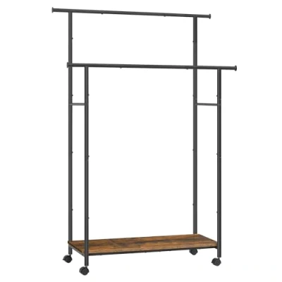 Afbeelding van SONGMICS Kledingrek met wieltjes, kapstok plank, dubbele kleerhanger, breedte 98,5 cm, totale capaciteit 100 kg, stalen frame, rustiek bruin en inktzwart HSR152B01