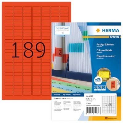 Afbeelding van Herma 4238 gekleurde etiketten 25,4 x 10 mm naar DIN A4 mat papier, zelfklevend) 18,900 stuks bedrukbaar op 100 vellen, rood