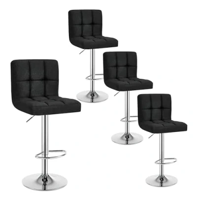 Afbeelding van WOLTU BH32sz 4 Set van in hoogte verstelbare draaibare barkrukken met rugleuning en voetensteun, robuust metalen frame, zachte zitting fijn linnen, zwart