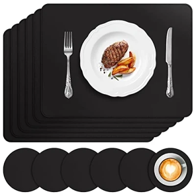 Afbeelding van APLKER wasbare placemats, set van 6 placemats en onderzetters, pvc, antislip, waterdicht, hittebestendig, 41 x 31 cm, zwart