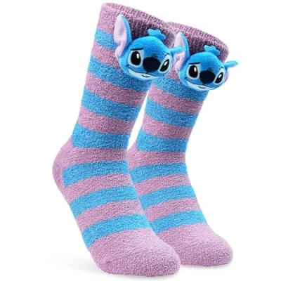 Afbeelding van Disney Pluizige pantoffels voor dames, antislipsokken, cadeaus haar, Blauwe en roze naden