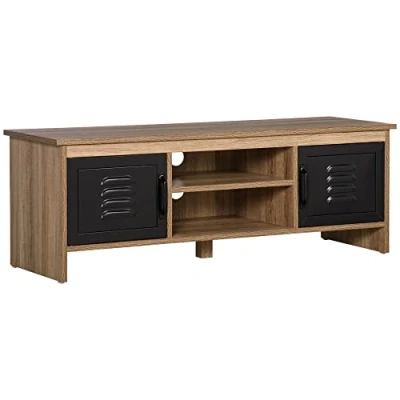 Afbeelding van HOMCOM TV bank, 110 cm, industrieel design, met 2 kasten, nissen, doorvoertules, houtlook, metalen deuren, zwart