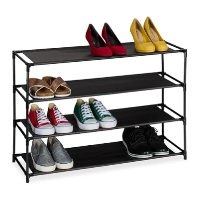 Afbeelding van Relaxdays schoenenrek metaal en stof zwart opbergrek schoenen hal schoenenmeubel 4 etages