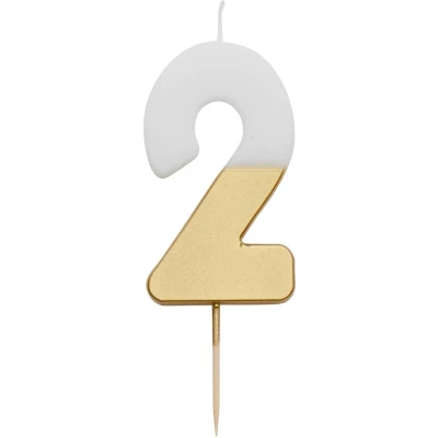 Afbeelding van Cijferkaars Verjaardagskaars Nummer 2 Goud en wit Gold dipped Talking Tables