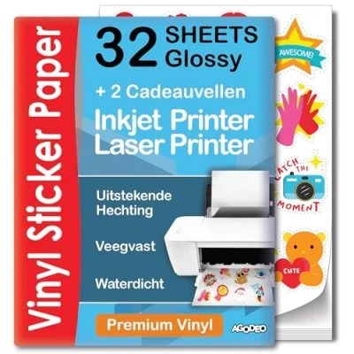 Afbeelding van 32 vellen hoogwaardige bedrukbare vinylstickers in A4 formaat, bedrukbaar, zelfklevende folie om te bedrukken, vinylfolie, waterdicht en scheurvast