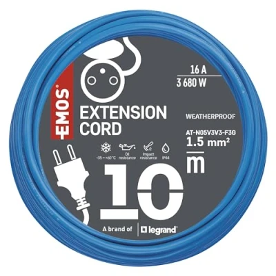 Afbeelding van EMOS Kabel odporny na warunki atmosferyczne 10 m, 1 gniazdo, niebieski, silikonowy, 230 V, 1,5 mm2
