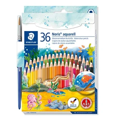 Image de Staedtler Noris Aquarell, crayons de couleur aquarellables avec système anti casse, Utilisables à sec ou l&#039;eau, Étui carton 36 et 1 pinceau, 144 10ND36