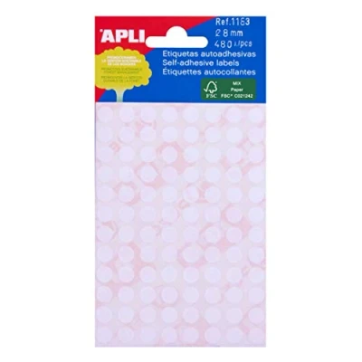 Afbeelding van Apli ronde etiketten in etui diameter 8 mm, wit, 480 stuks, 96 per blad (1183) etiket