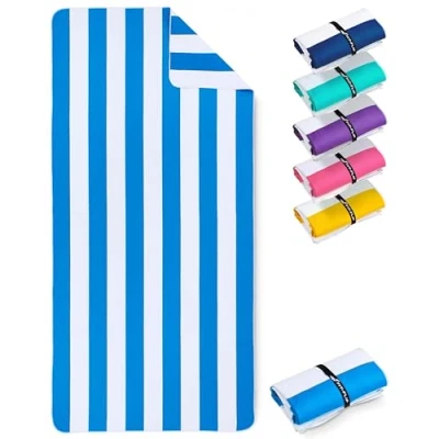Afbeelding van Strandhanddoek XXL microvezel badhanddoek groot, handdoeken licht en sneldrogend, 100% gerecyclede handdoek hemelsblauw wit gestreept 160 x 90 cm