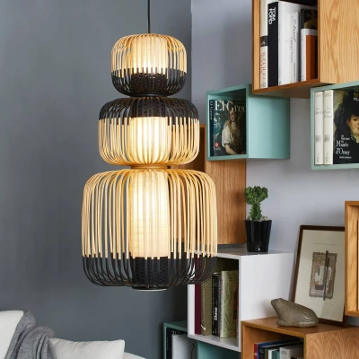 Afbeelding van Forestier Hanglamp Bamboo zwart 3 lamps