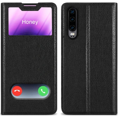 Afbeelding van Cadorabo Hoesje geschikt voor Huawei P30 in KOMEET ZWART Beschermhoes met magnetische sluiting, standfunctie en 2 kijkvensters Book Case Cover Etui