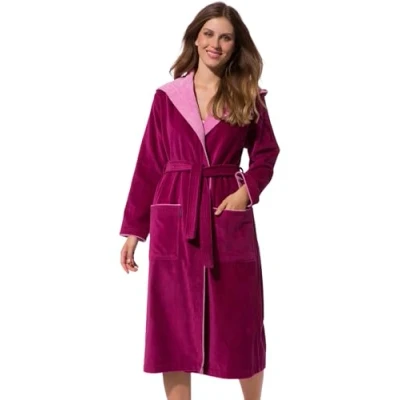 Afbeelding van Morgenstern Badjas voor dames met capuchon, 100% katoen, badstof, Leonie fluweel, Oeko Tex gecertificeerd., Donker roze