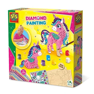 Afbeelding van SES Diamond painting 3D Unicorns houten eenhoorns 540 diamant stickers met glitterstickers knutselen meisjes knutselpakket
