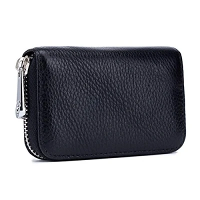 Afbeelding van AprinCtempsD RFID blokkerende kaarthouder voor dames, klein, van echt leer, mini portemonnee, heren, meisjes, dun, ritssluiting, zwart., 7,5 x 11 2,5 cm