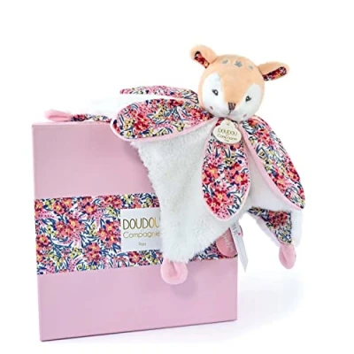 Afbeelding van Doudou et Compagnie BOH&#039;AIME witte reekalf met bloemblaadjes geschenkdoos 27 cm cadeau idee voor geboorte meisjes en jongens garantie verloren knuffeldier DC4021