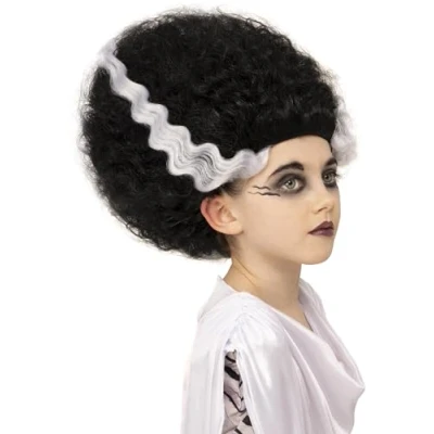 Afbeelding van Smiffys Bride of Frankenstein Universele pruik voor kinderen, iconisch zwart met witte strepen, voorgestyled haarstukje, klaar om te dragen, familiekostuums, Halloween, feestjes