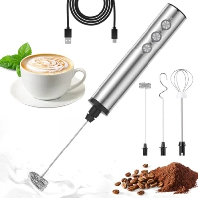 Afbeelding van MOSUO elektrische USB oplaadbare melkopschuimer met dubbele garde, 3 snelheden, roestvrijstalen mini mixer voor koffie/latte/cappuccino