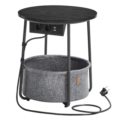 Afbeelding van VASAGLE ronde bijzettafel met laadstation, kleine tafel stopcontact, salontafel, USB poorten, stoffen mand, woonkamer slaapkamer, modern nachtkastje, zwart ebbenhout leigrijs LET228B02