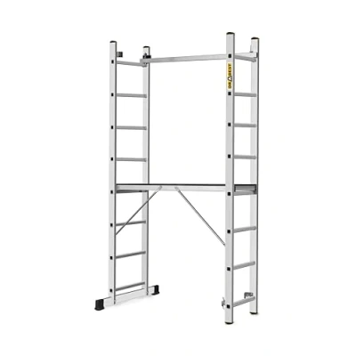 Afbeelding van DRABEST Multifunctionele aluminium ladder met platform, 3 in 1, opvouwbaar, maximale belasting 150 kg, inclusief emmerhaak, 2 x 8 treden