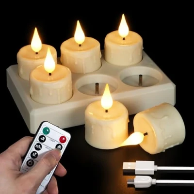 Afbeelding van FREEPOWER Set van 6 oplaadbare led theelichtjes met laadstation en USB kabel, flikkerende elektrische kaarsen afstandsbediening, dimbare timer, warmwit, stuks