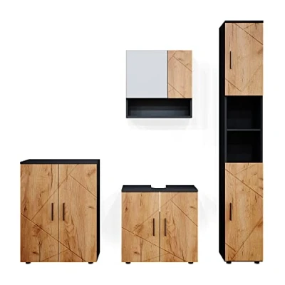 Afbeelding van Vicco Badkamermeubel set Irma, Eik goud/antraciet, 4 delen, met hoge kast en commode