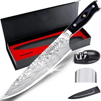 Afbeelding van MOSFiATA Koksmes, keukenmes, vleesmes, professioneel chefmes, 20 cm, universeel mes van EN.4116, Duits roestvrij staal, schaapmes, ergonomisch met vingerbescherming en messenslijper in geschenkdoos