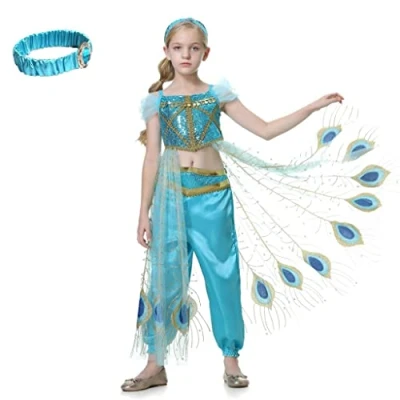Afbeelding van Lito Angels Prinses Jasmine Kostuum met Hoofdband Fancy Dress Up Buikdans Kleding Top en Broek Stel voor Kinderen Meisjes Leeftijd 6 7 jaar, G
