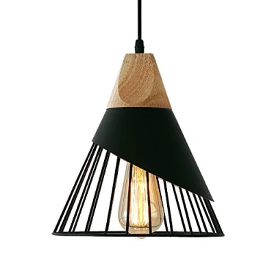 Afbeelding van MAXDUYU hanglamp, vintage, hout, metaal, designlamp, plafondlamp, industrieel, in lampen, lampenkap 27, verlichting voor eetkamer, keuken, zwart