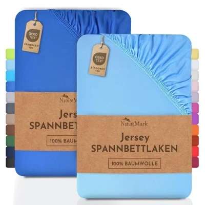 Afbeelding van NatureMark Jersey Set van 2 hoeslakens 100% katoen in vele maten en kleuren Öko Tex Standaard 100 120 x 200 cm lichtblauw/koningsblauw